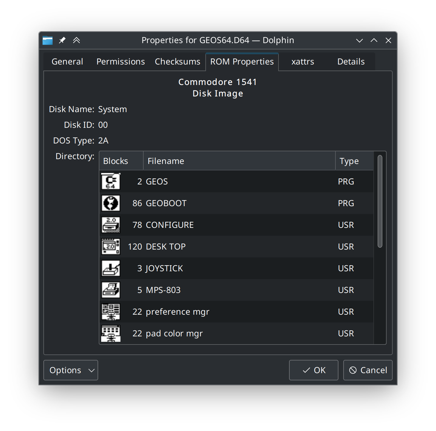 KDE Dolphin showing a Commodore 1541 disk image from GEOS.