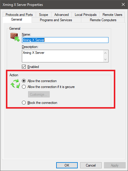 Select Allow the connection under Action panel on General Tab