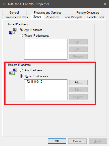 Add 172.16.0.0/12 to Remote IP address under Scope tab