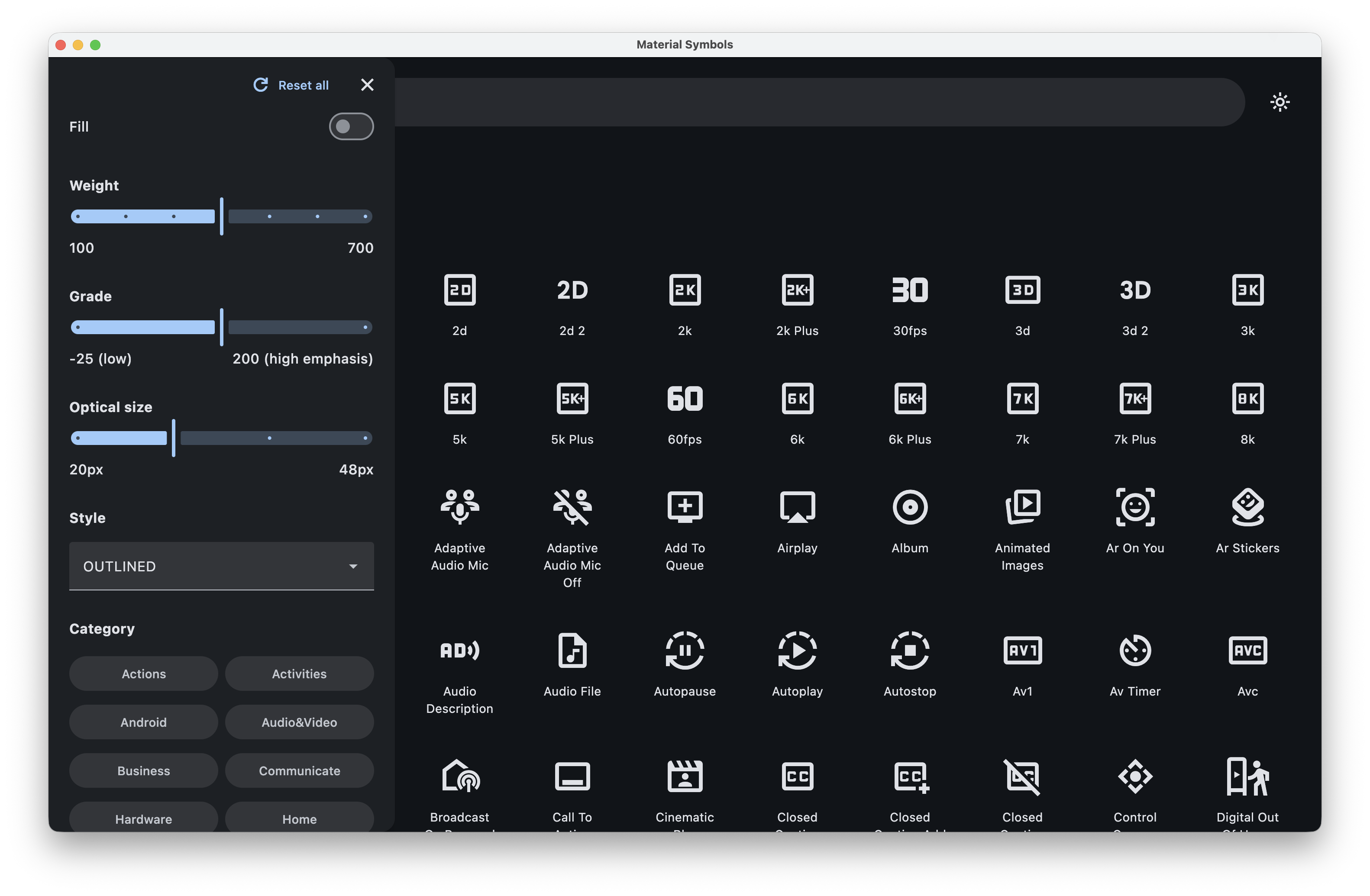 Desktop filters, dark theme