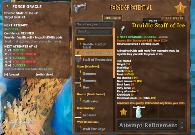 The Forge Oracle panel next to the forge, with the next attempts at the same level