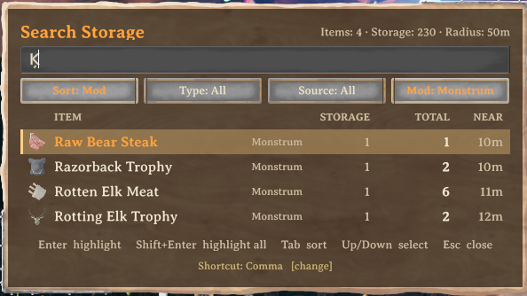 Sorted by mod and filtered to the items added by Monstrum