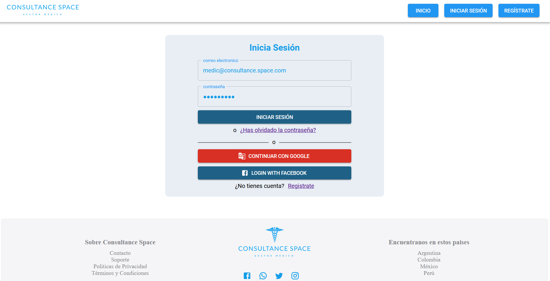 Consultance Space sign-in page with email, Google and Facebook login