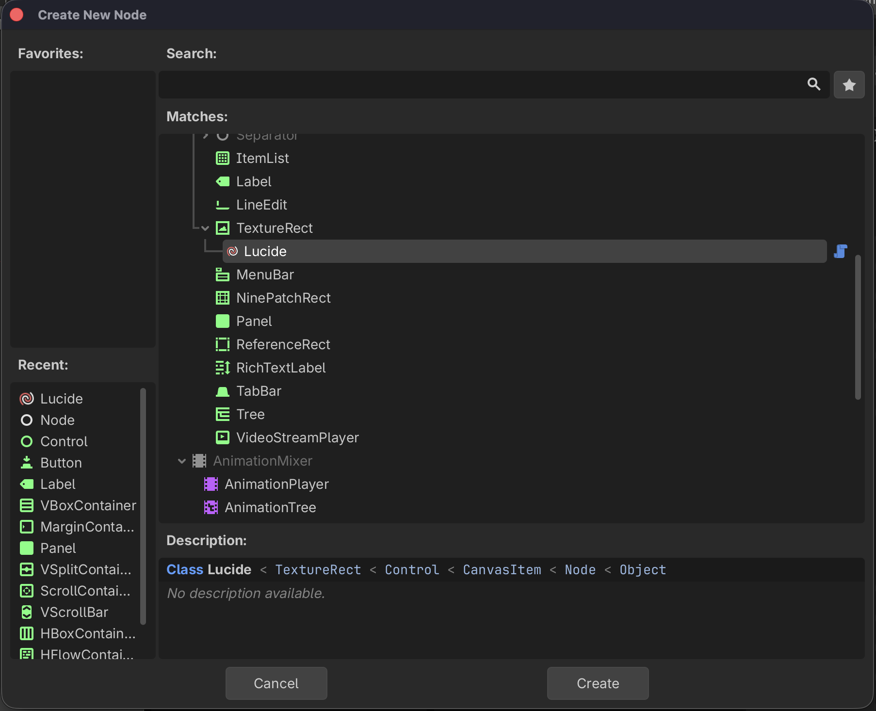 Add Node dialog showing Lucide under TextureRect