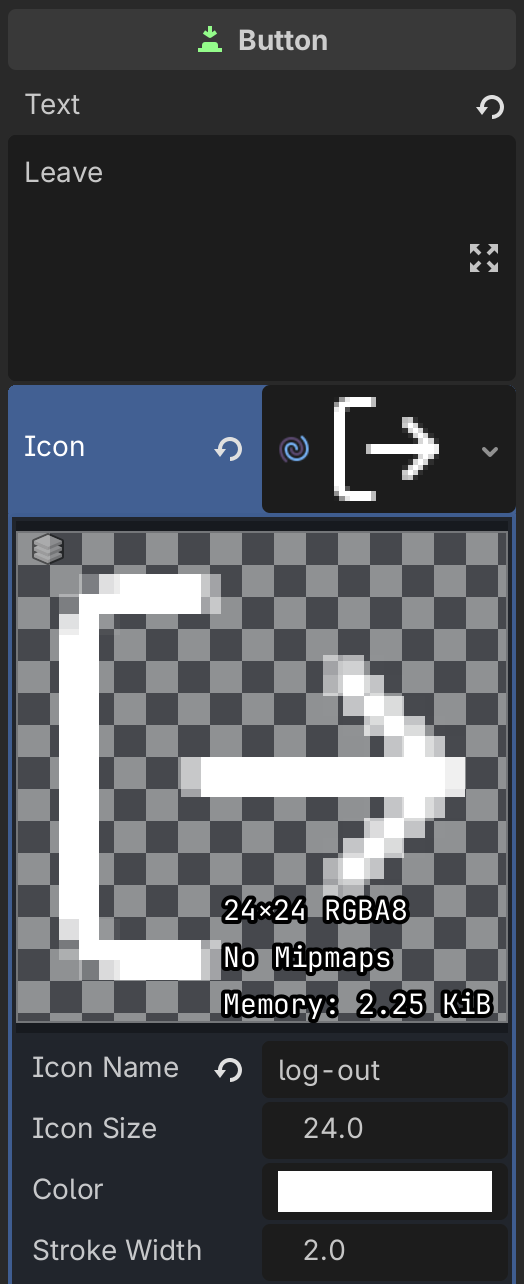 Button Inspector with a LucideTexture assigned to the Icon property