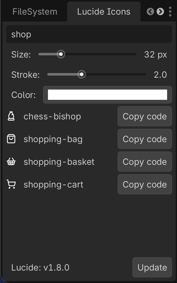 Lucide Icons editor dock