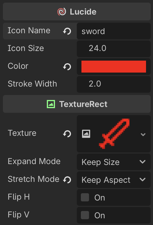 Inspector showing Lucide node properties