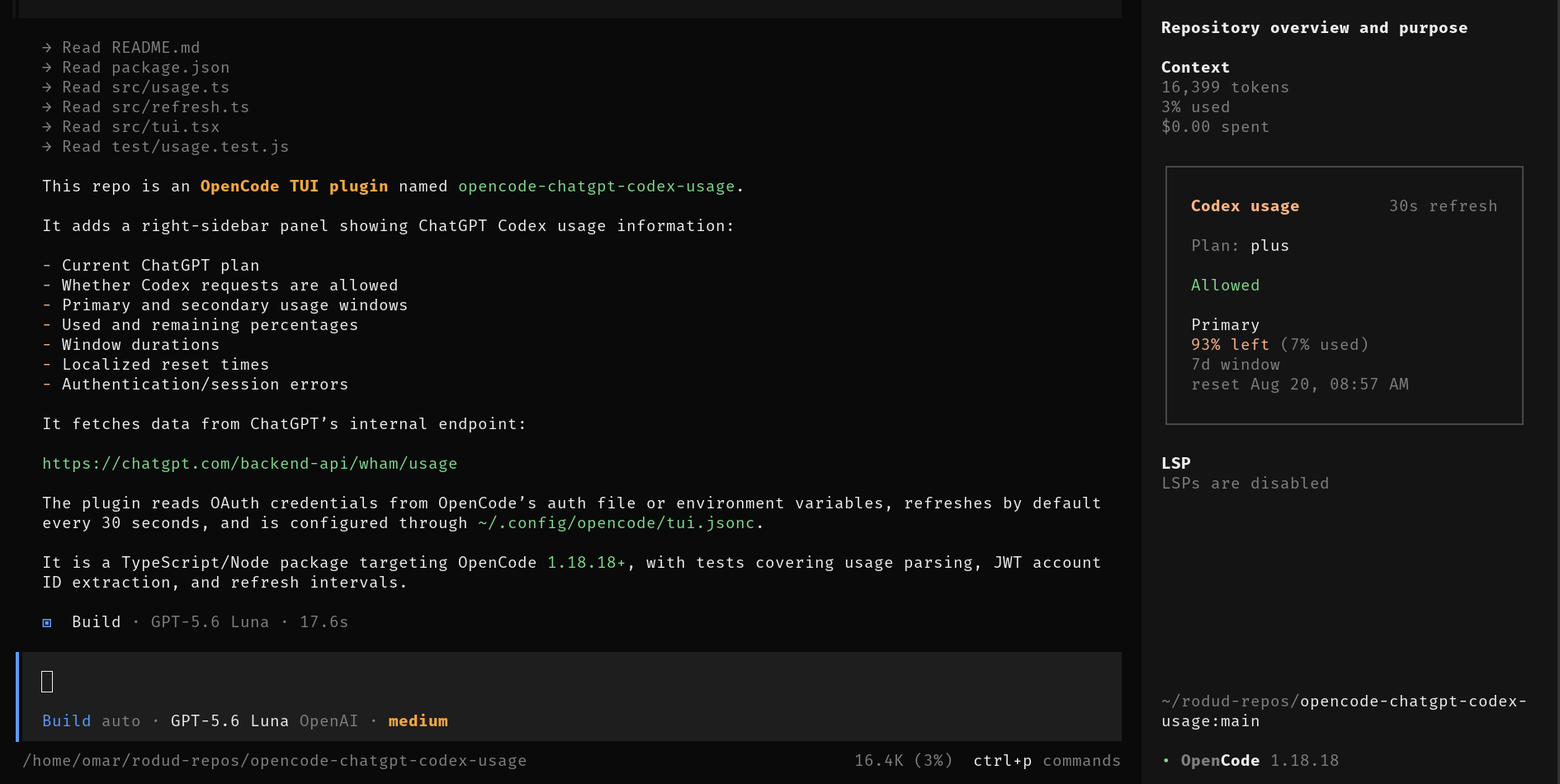 The Codex usage in the side panel in OpenCode