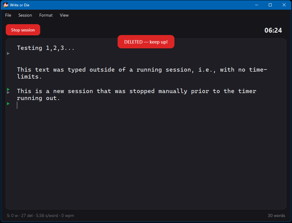 Write or Die deleted session state