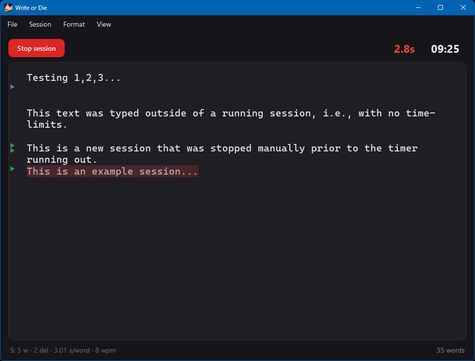 Write or Die dark mode mid-session warning