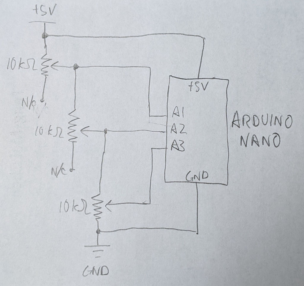 Schematic with Arduino and three potentiometers