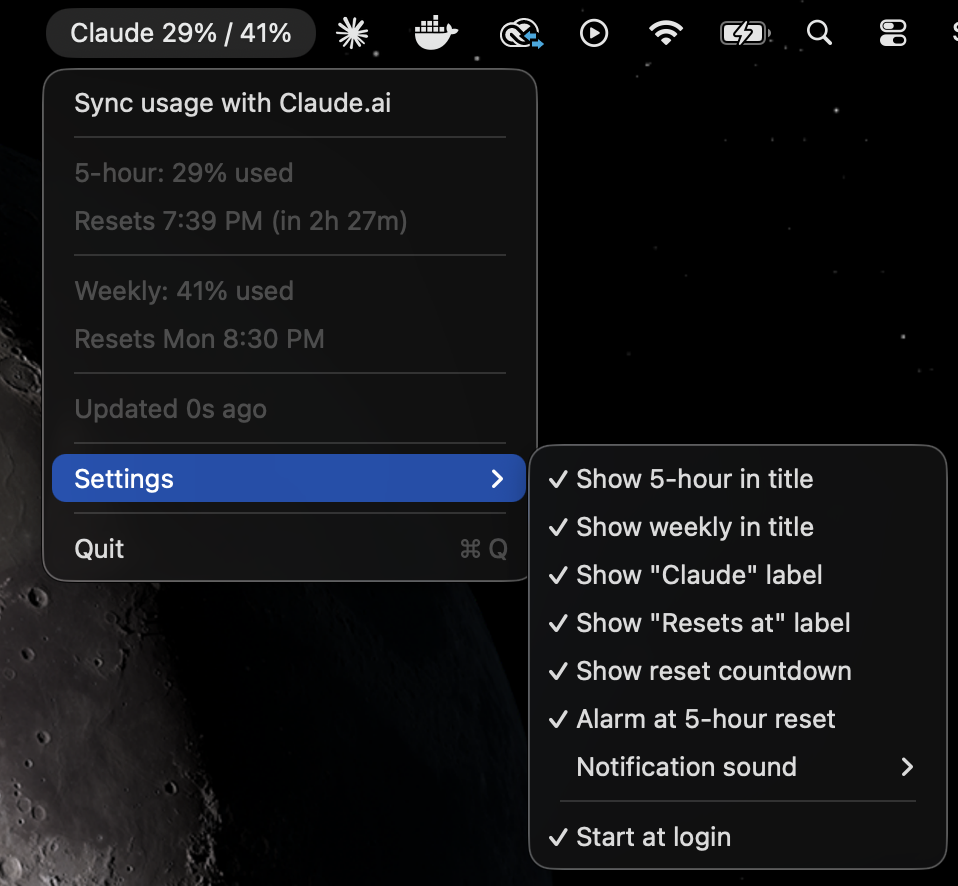 ClaudeUsageBar showing Claude 5-hour and weekly usage in the macOS menu bar