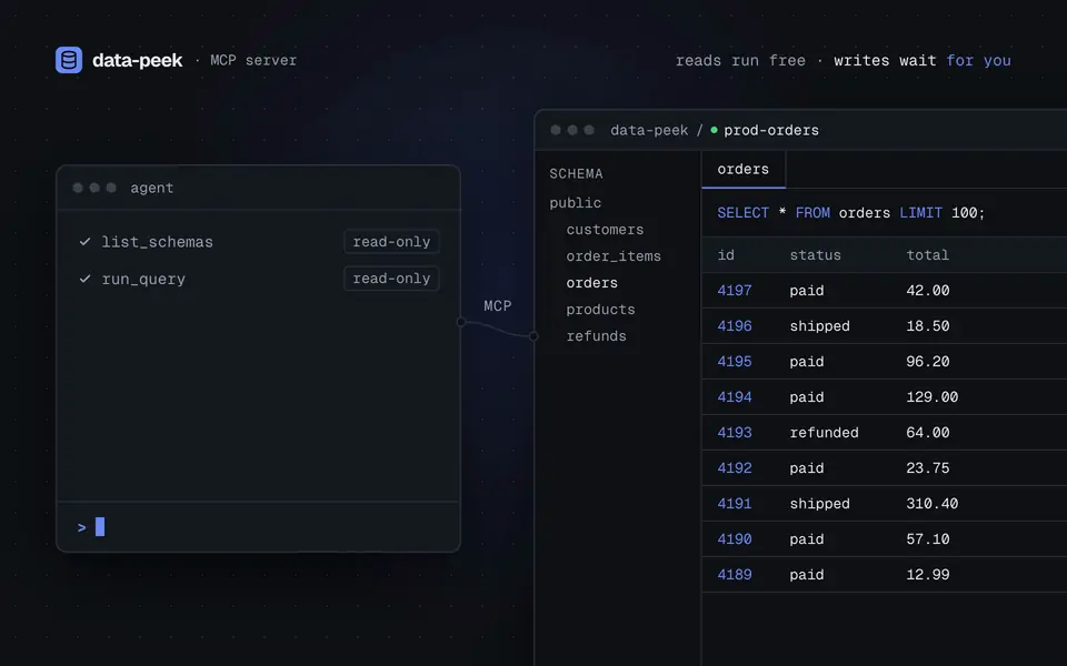 An agent asks to run an UPDATE over MCP and data-peek shows an approval dialog before it runs