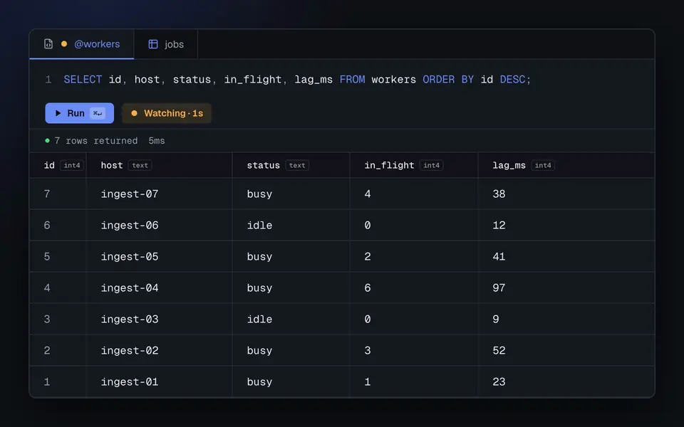 Watch Mode re-running a query: changed cells flash amber and a new row slides in on a green band