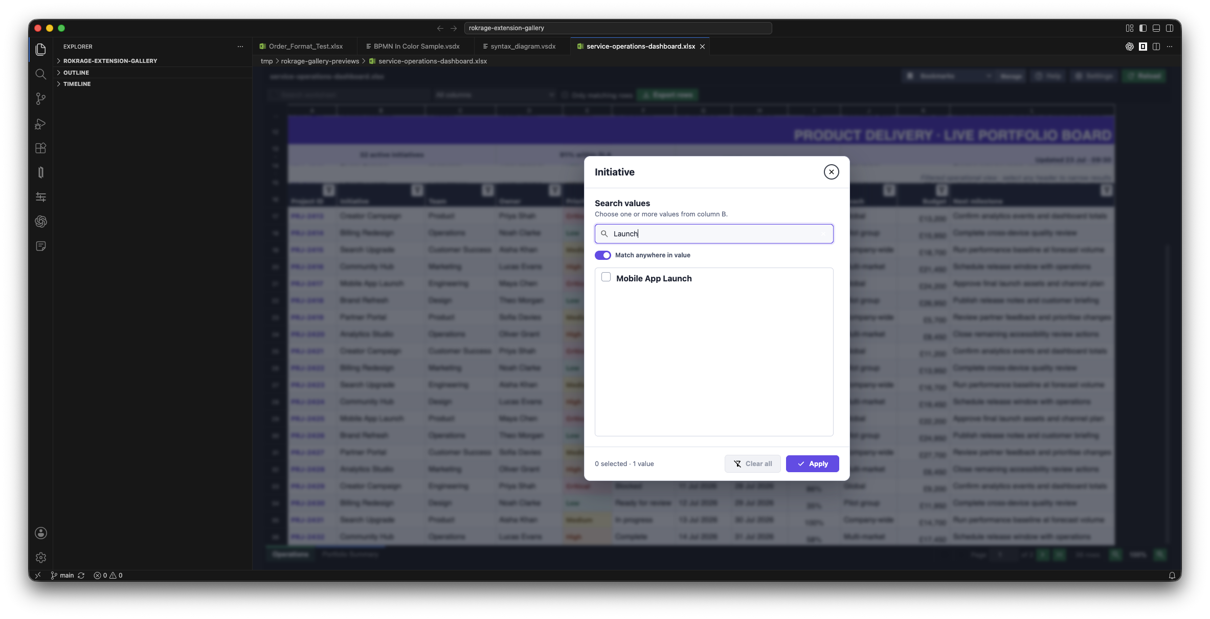 RokRage Excel Viewer searchable multi-select filter
