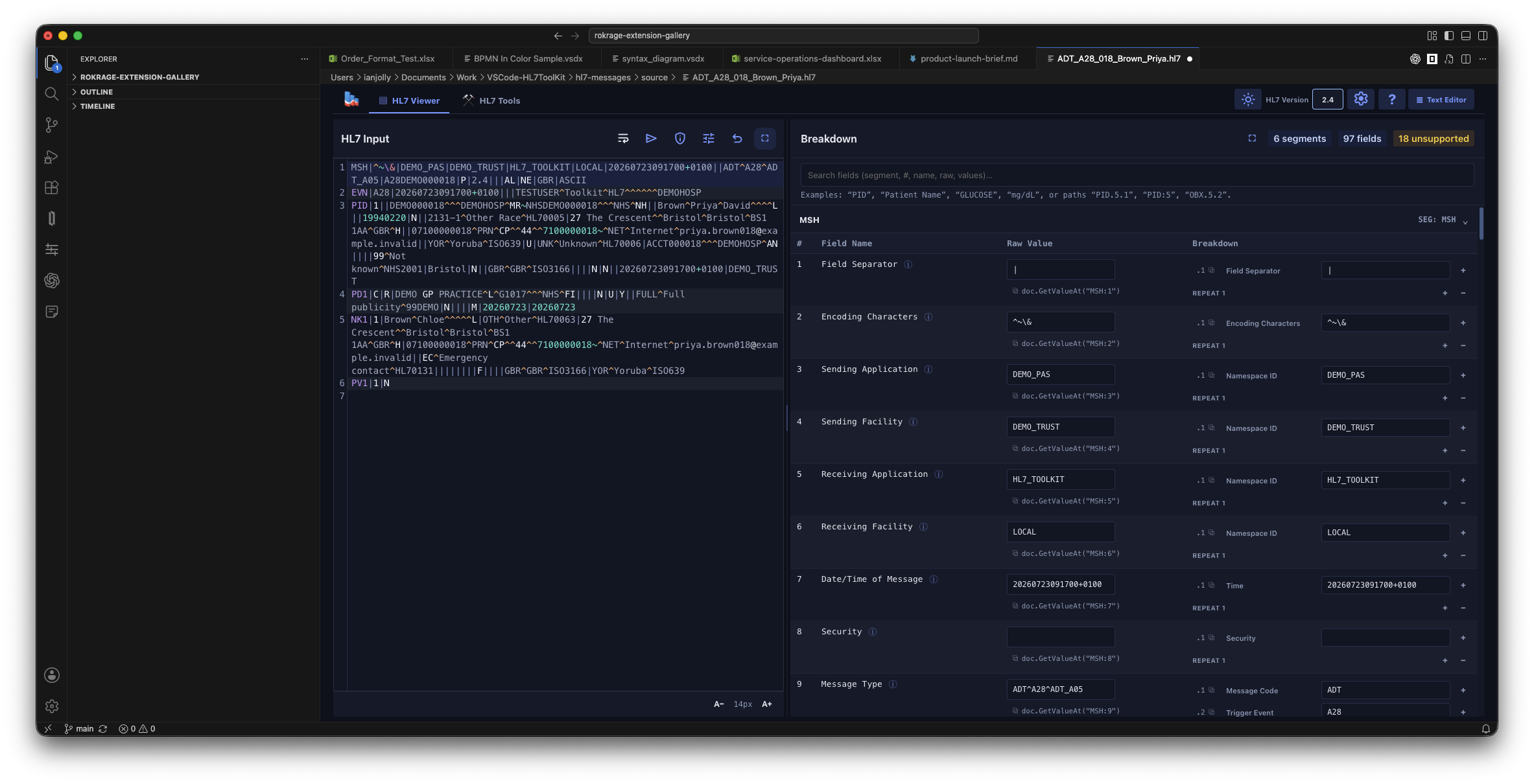 RokRage HL7 Toolkit message viewer and field breakdown