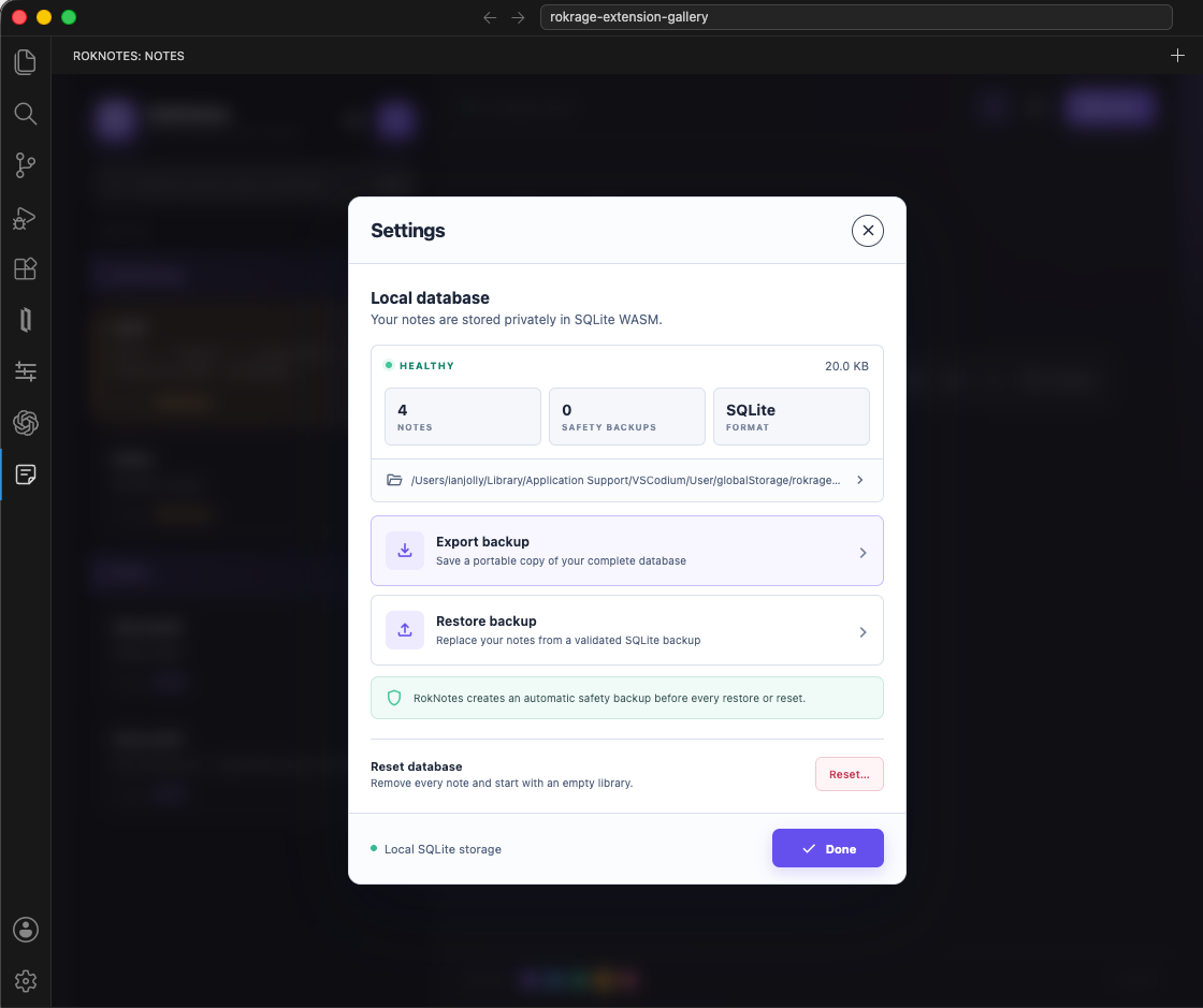 RokNotes local database settings
