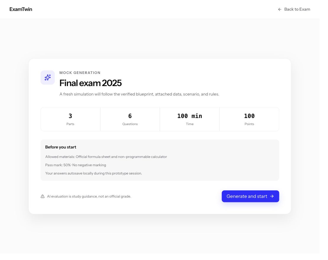 Exam Run preparation screen
