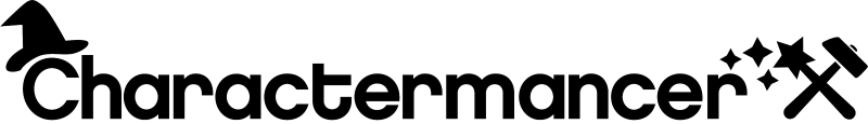Charactermancer logo with a wizard hat, hammer, and wand