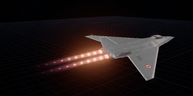 A twin-engined fighter banking, both afterburners lit, rendered with @aeronautic/afterburner