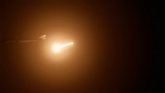 A delta fighter at night letting a program of flares go under its tail, each flame streaking back in the airstream and lighting the haze as it falls behind, rendered with @aeronautic/countermeasures