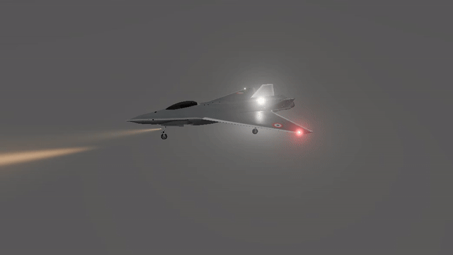 A delta fighter on the apron at night, its strobes flashing and its red beacon lit, the navigation lights handing over to the white tail light as the camera goes round, rendered with @aeronautic/lights