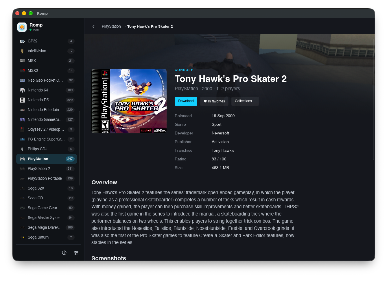 A game's page with its details and cover
