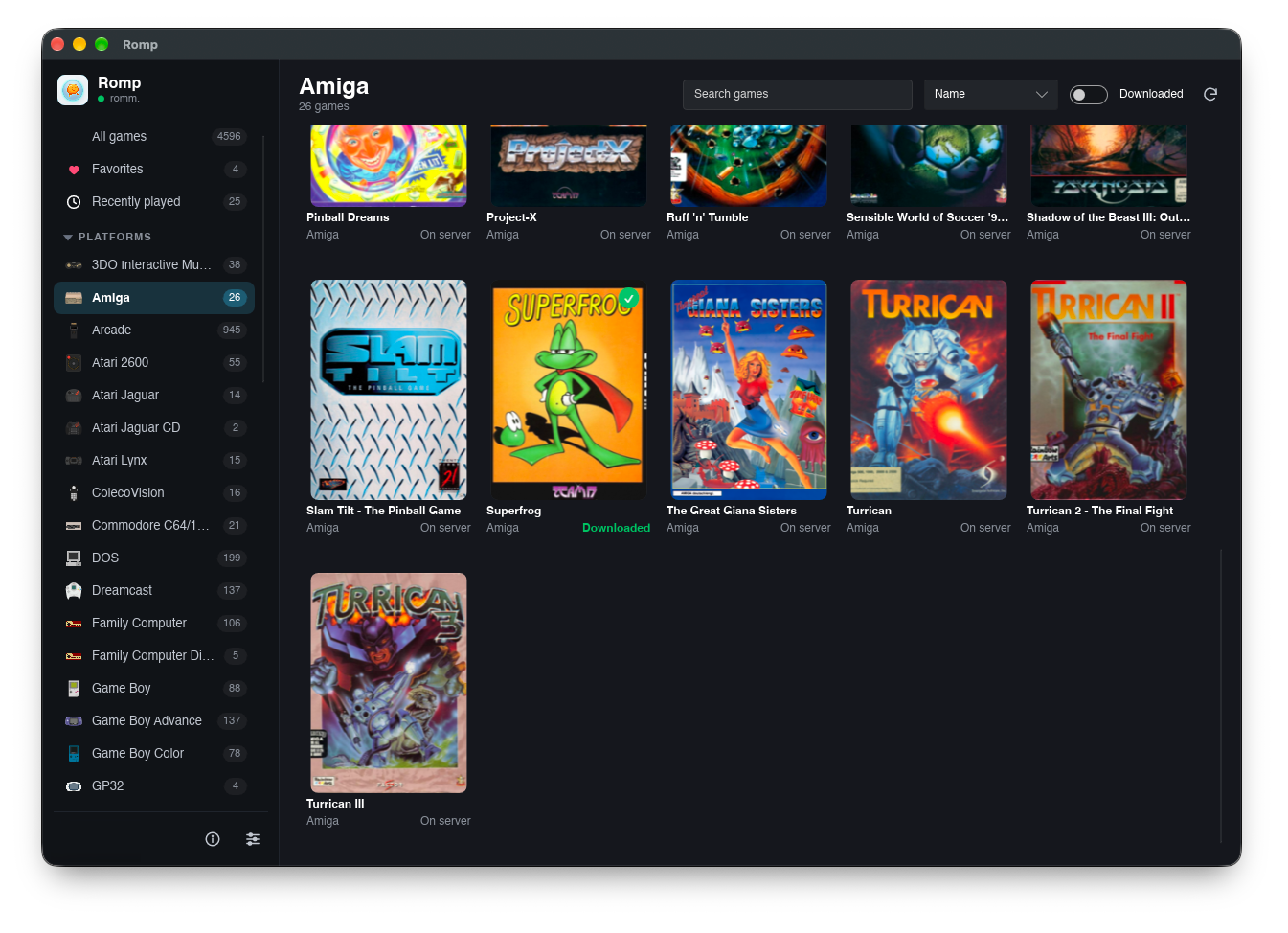 The RomP library, showing Amiga games