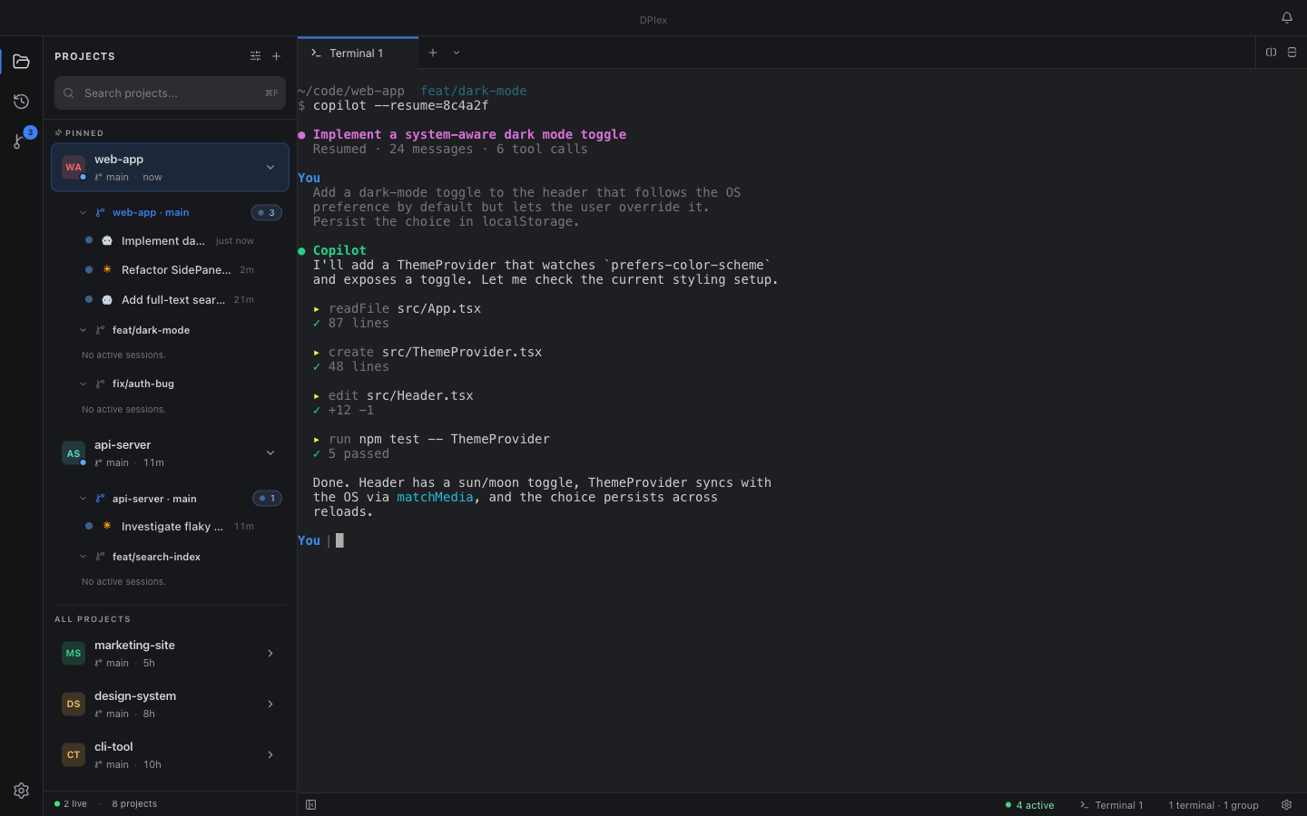 Projects view with worktrees and a running AI session