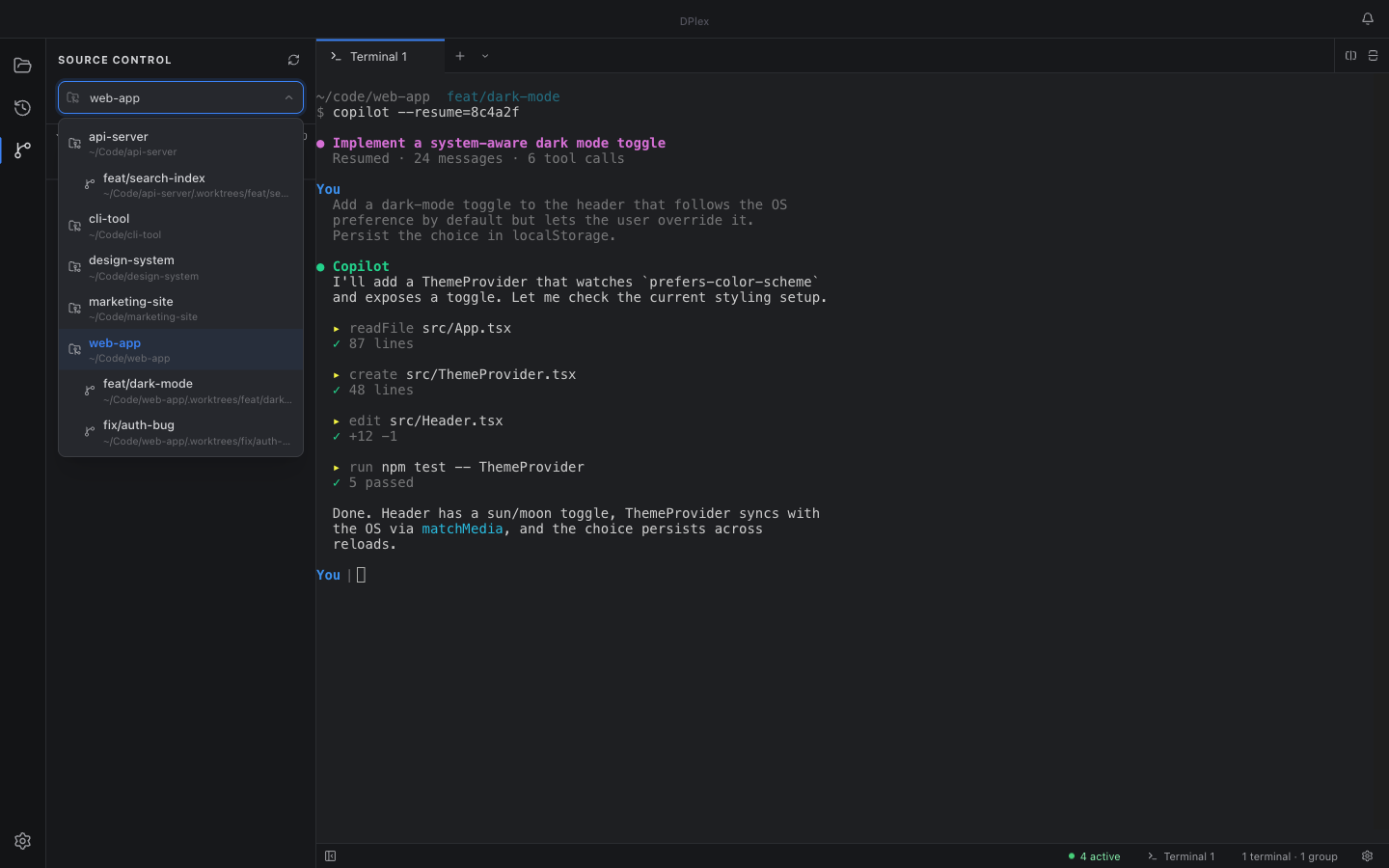 Project picker dropdown listing every project and worktree