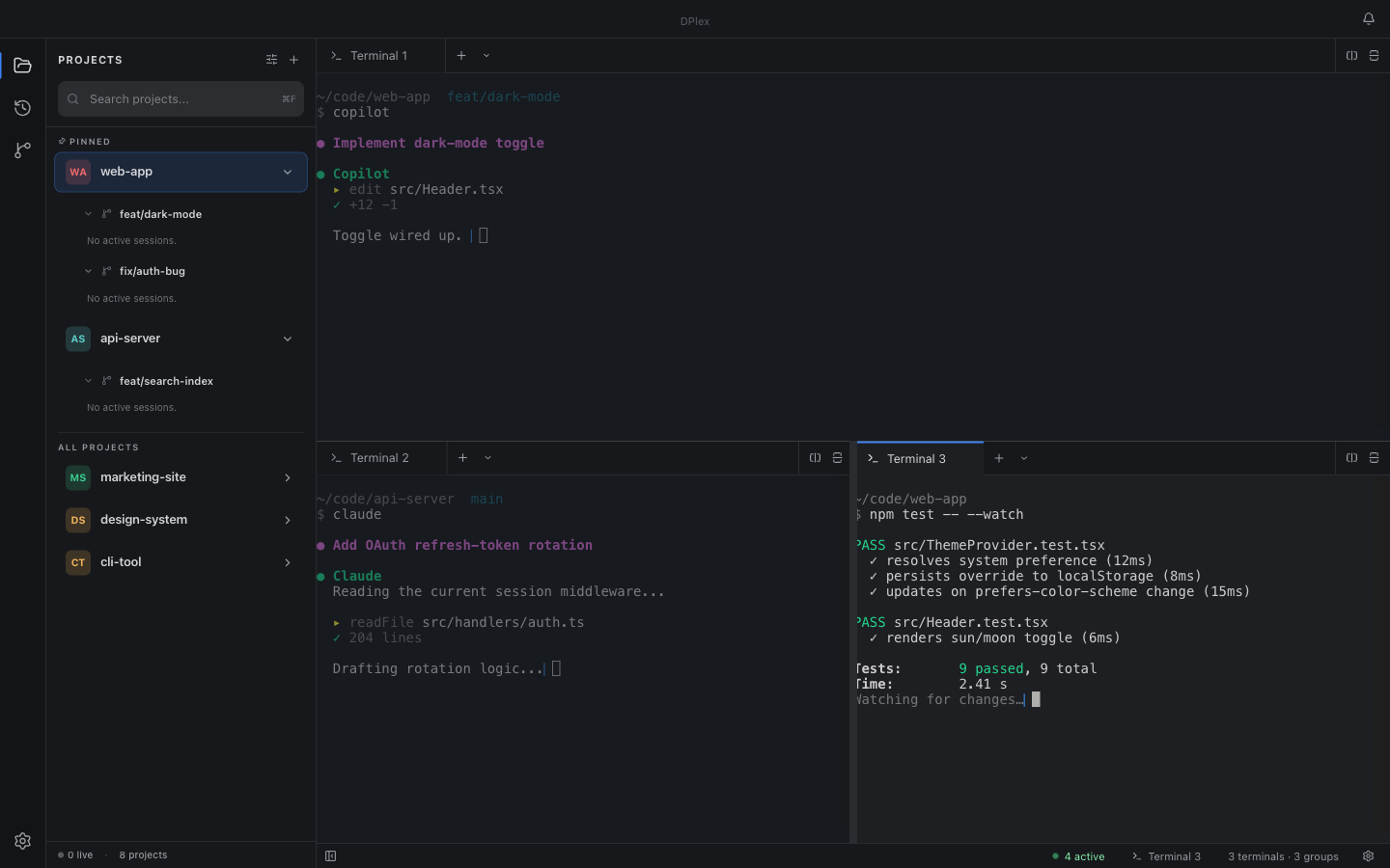 Split panes — three terminals visible at once