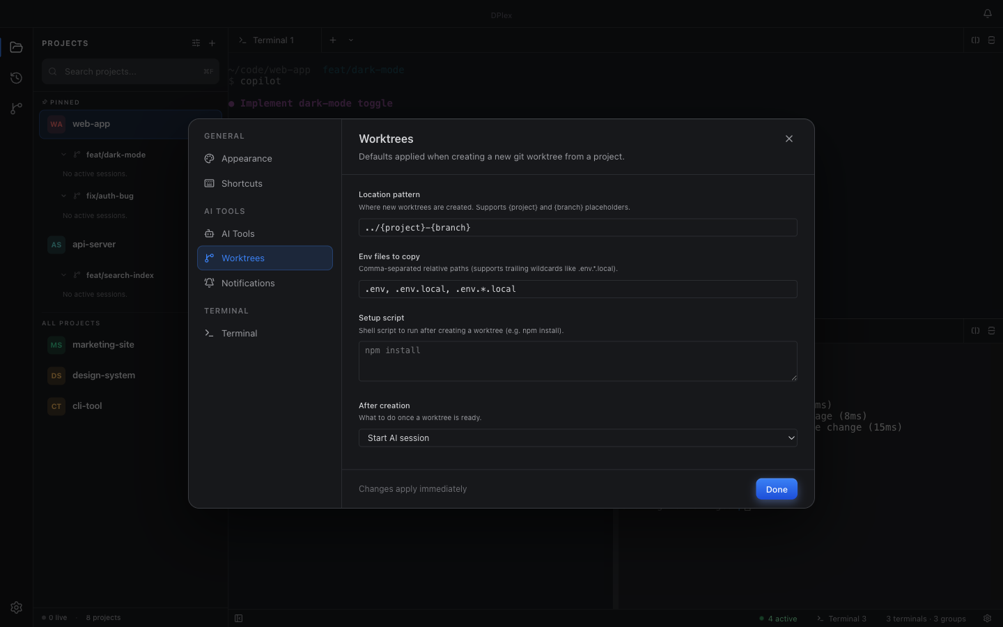 Worktree creation defaults in Settings