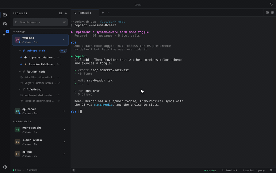 DPlex demo: switching between Projects and Source Control, then opening the Sessions panel, resuming a past AI session in one click, and chatting with the resumed Copilot session