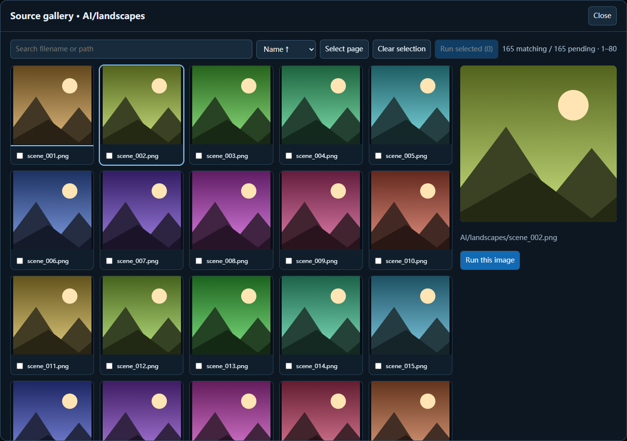 Source gallery with search, multi-selection, and preview