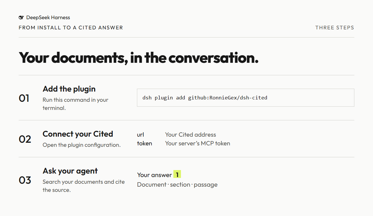 Run the installation command, configure url and token, ask your agent for a cited answer