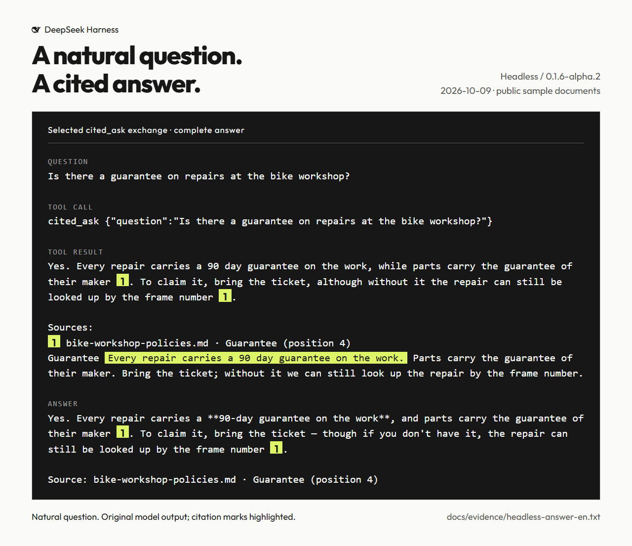 Natural English question: DeepSeek calls cited_ask and answers with a 90-day repair guarantee [1] and its own passage from bike-workshop-policies.md, Guarantee, position 4.