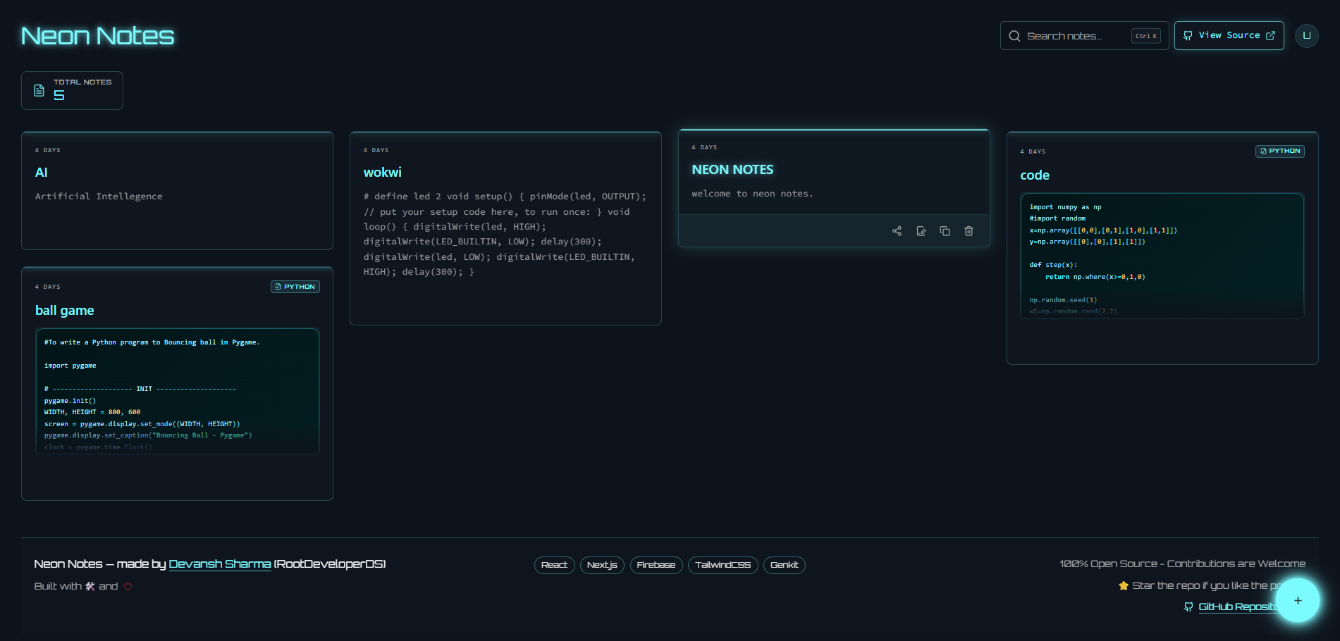 Neon Notes Dashboard