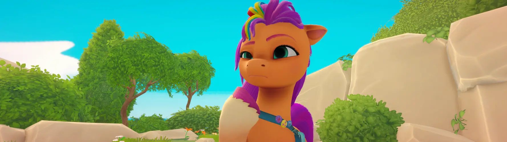 A 32:9 screenshot of My Little Pony: A Zephyr Heights Mystery