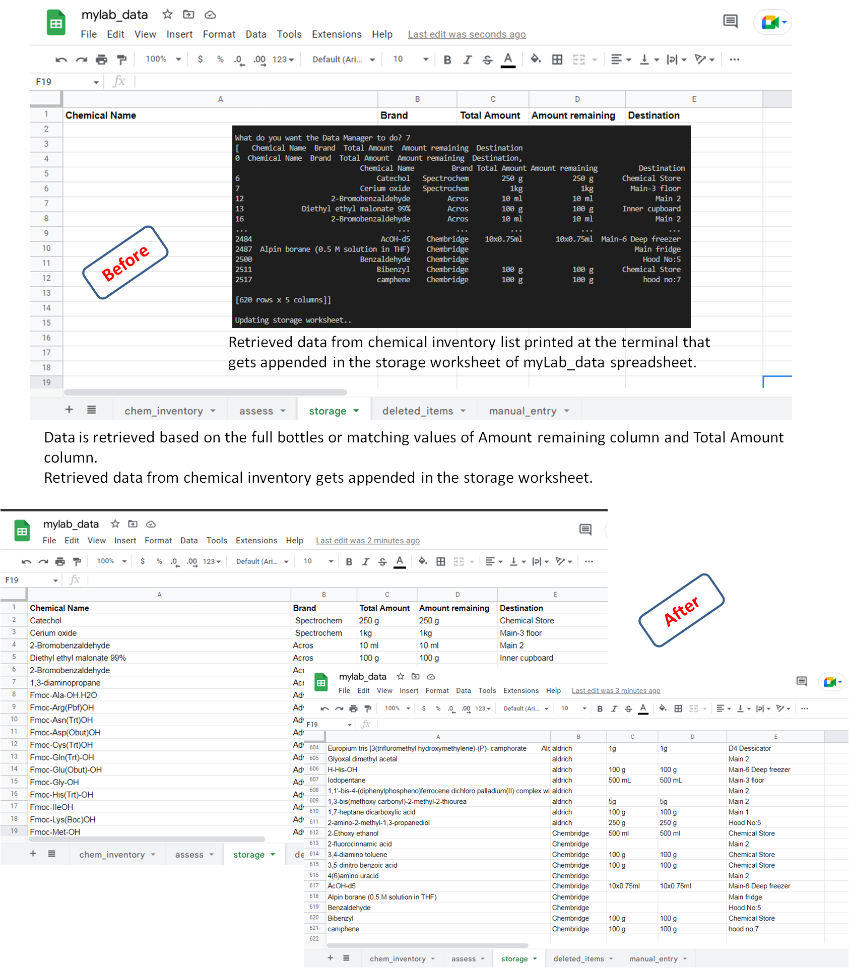 Updating storage worksheet