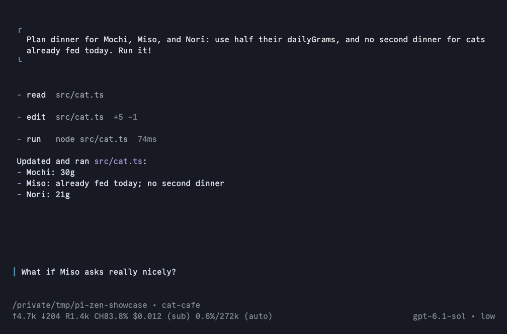 Pi Zen in dark mode with compact cat dinner planner tool rows