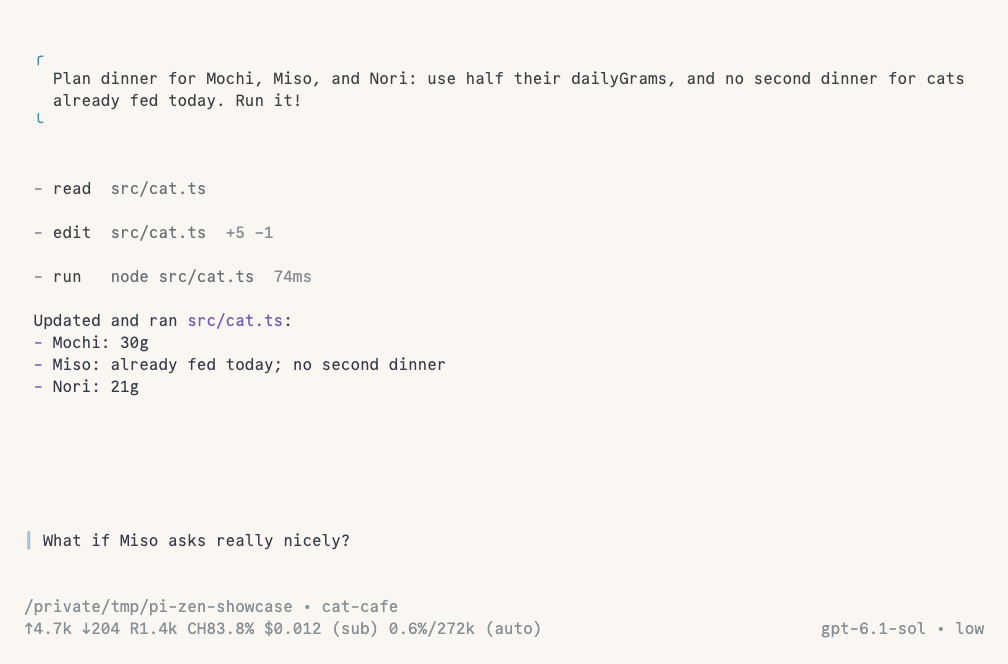 Pi Zen in light mode with compact cat dinner planner tool rows