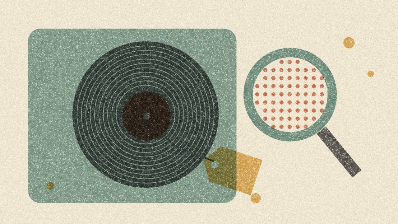 Grainy risograph illustration of a dark vinyl record on a teal panel with a mustard paper tag tied to it, beside a magnifying glass that reveals a grid of rust-red dots on cream paper.