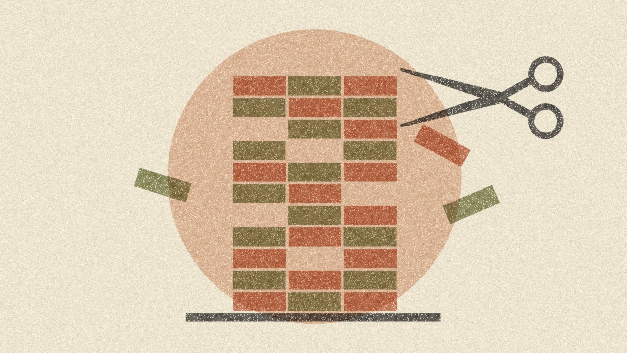 Grainy risograph illustration of a tall tower of olive and terracotta blocks with gaps where blocks were pulled out, loose blocks tumbling away and open charcoal scissors aimed at the top, over a pale blush circle.