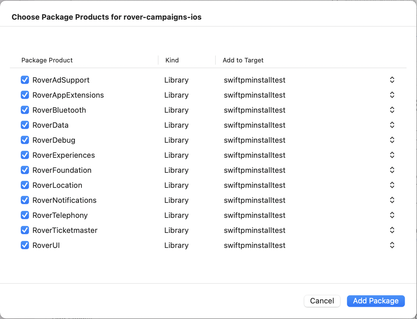 SwiftPM Target Dialog Box