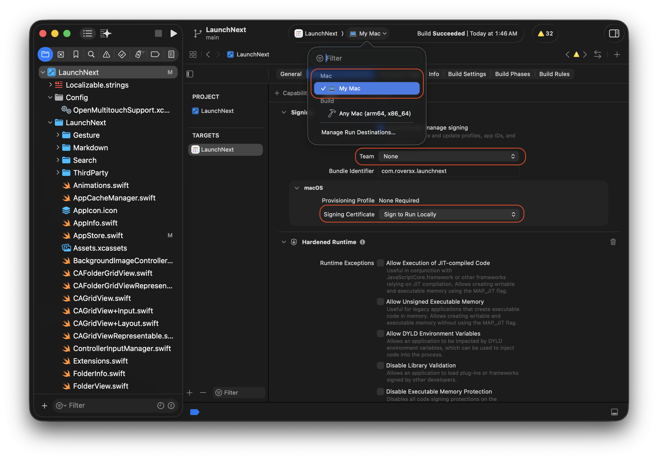 Xcode local signing settings for LaunchNext