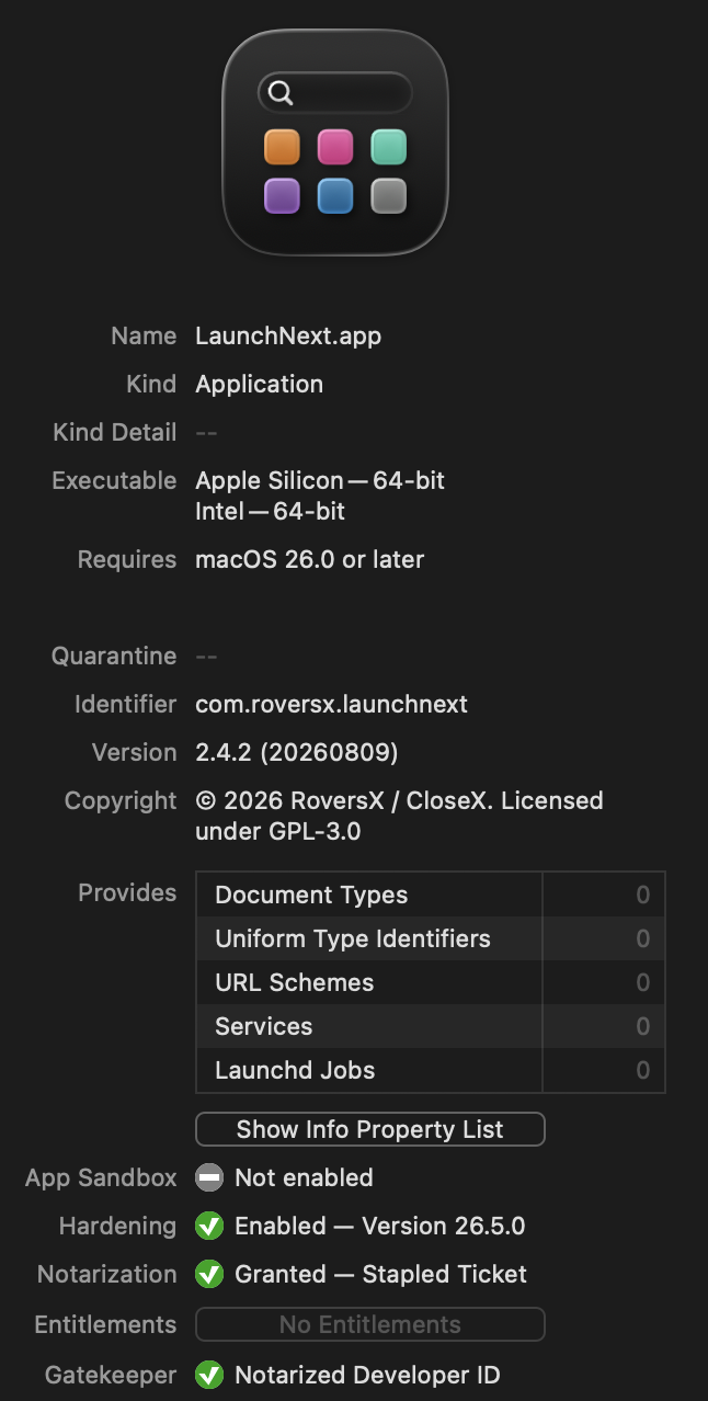 Signed and notarized LaunchNext release status