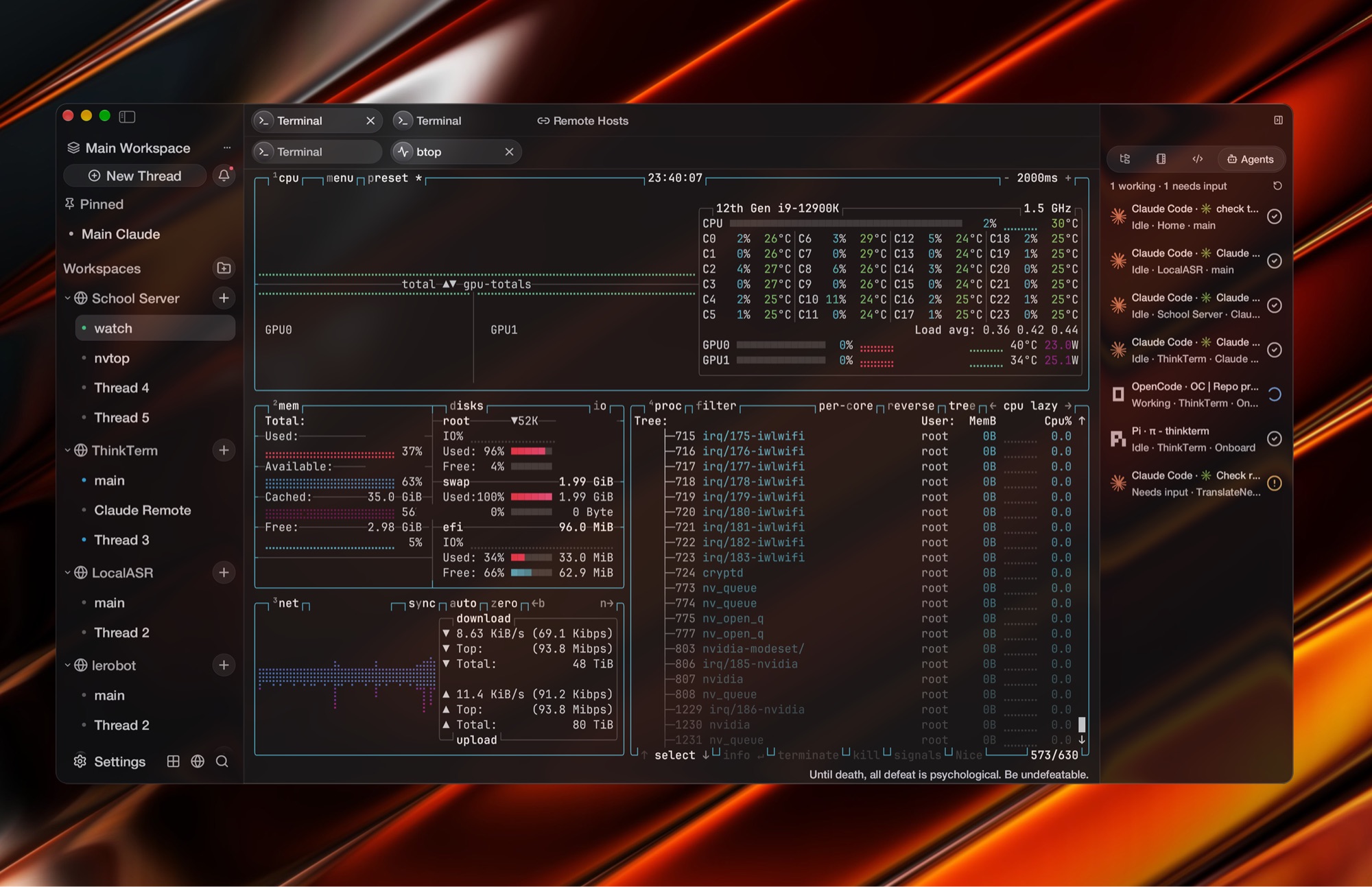 Agent status beside a remote terminal and workspace sidebar