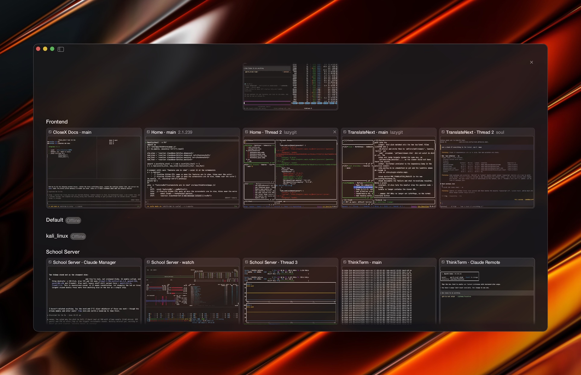 Live terminal previews grouped by Space