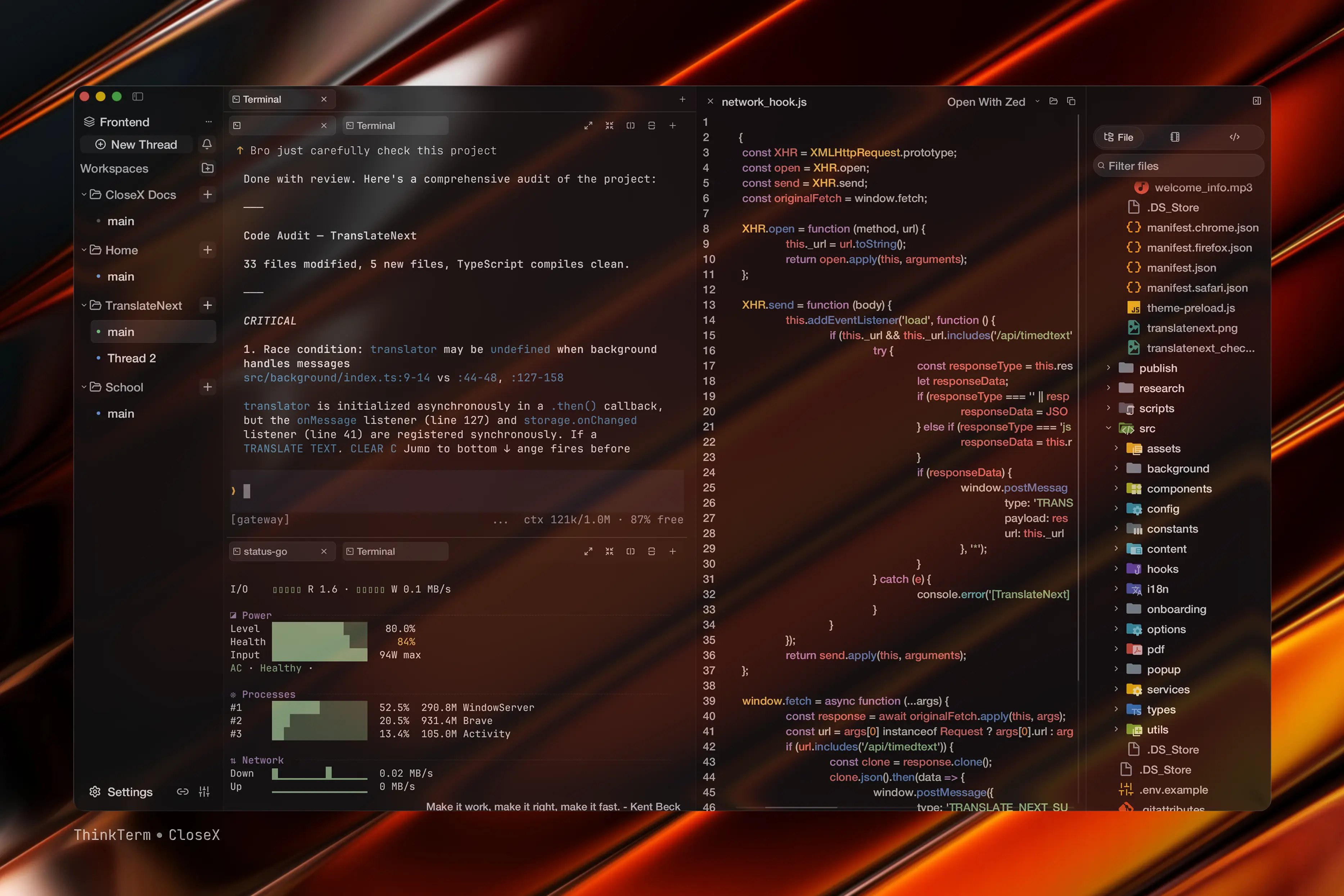 Split terminals, source preview, and project file tree