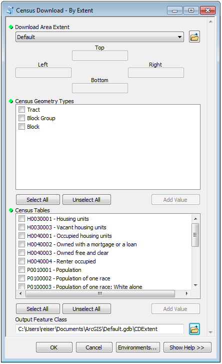 Screenshot of Census Download tool.